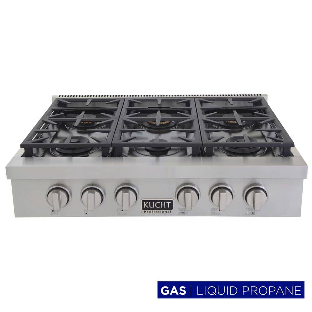 Kucht Professional 36 in. Liquid Propane Gas Range Top in Stainless Steel and Classic Silver Knobs with 6 Burners