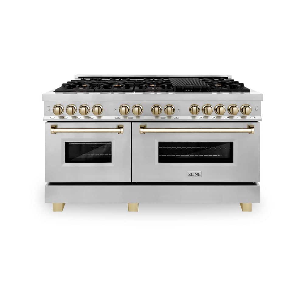 ZLINE Kitchen and Bath Autograph Edition 60 in. 9 Burner Double Oven Dual Fuel Range in Stainless Steel and Polished Gold