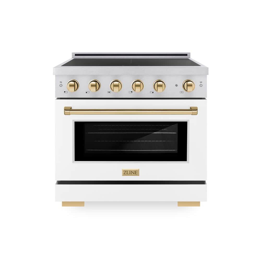 ZLINE Kitchen and Bath Autograph 36 in. 5.2 cu. ft. Induction Range with 5 Element Cooktop in Satin Stainless with White Matte and Gold Accents