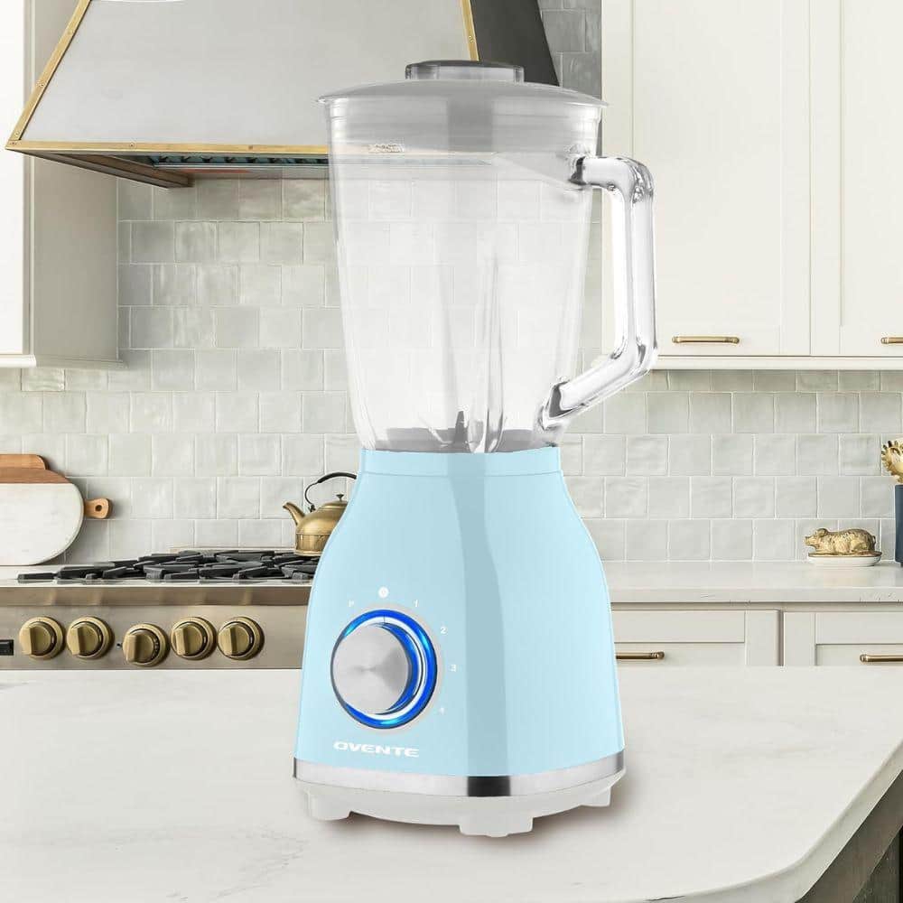 OVENTE 50 oz. Glass Jar Blender, 4-Speed Settings, LightBlue, Countertop Kitchen Blender w/ 550-Watt and StainlessSteel Blades