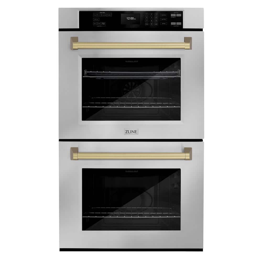 ZLINE Kitchen and Bath Autograph Edition 30 in. Professional Double Electric Wall Oven in Stainless Steel with Champagne Bronze Handles