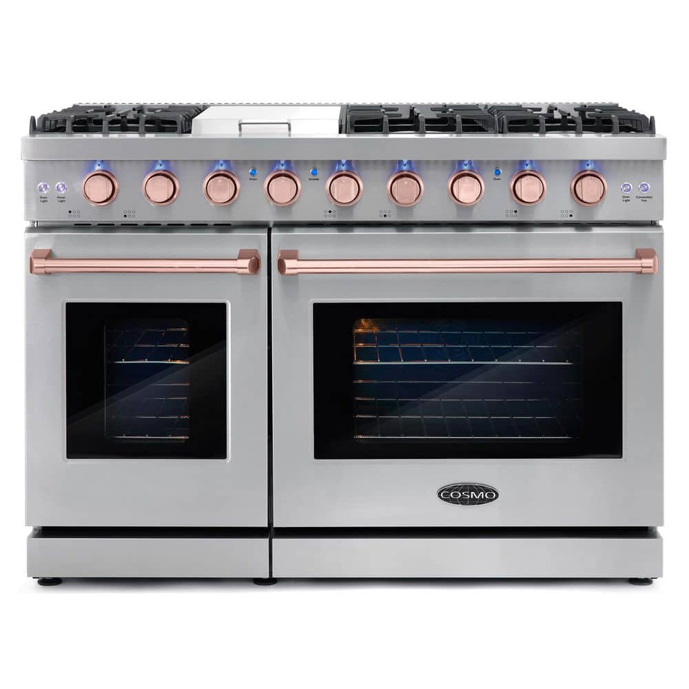 Cosmo 48 in. 7 cu. ft. Double Oven Gas Range, 6-Burners, Griddle, Knob LEDs, Stainless Steel, Rose Gold Handle Knob Kit