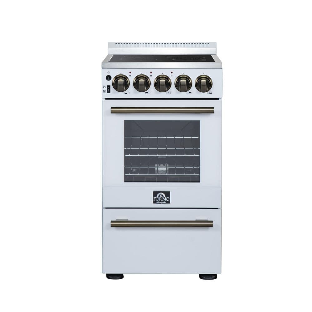 Forno Pallerano 20 in. Freestanding Electric Range in White with Antique Brass, Compact Design