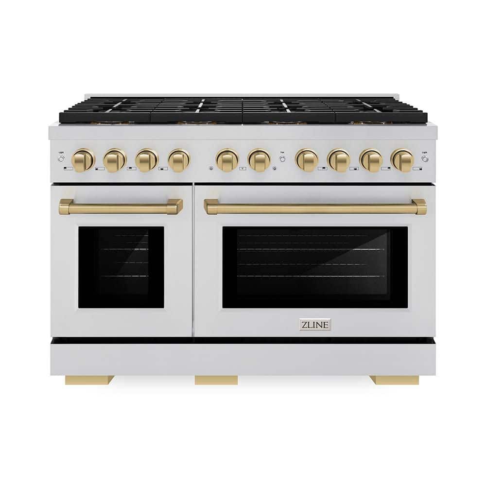ZLINE Kitchen and Bath Autograph 48 in. 6.7 cu. ft. Paramount Gas Range with 8-Burners and Dual Ovens in Stainless Steel and Champagne Bronze