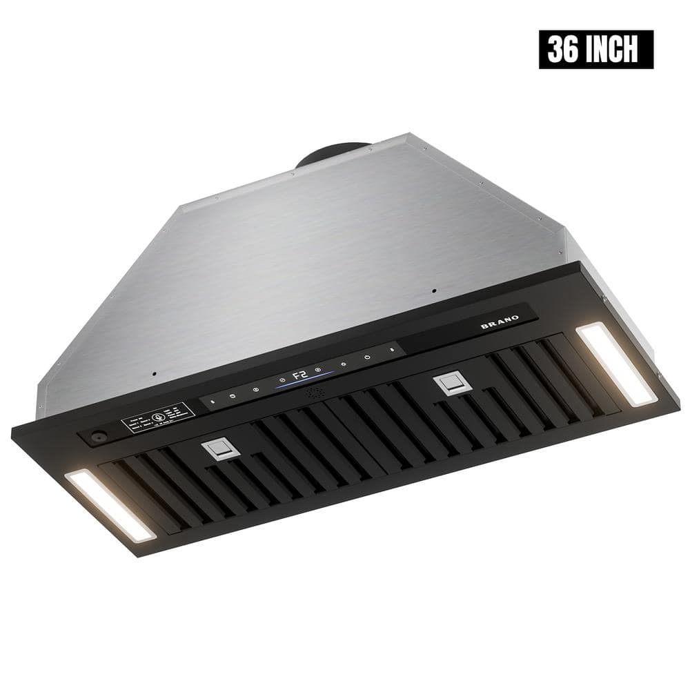 BRANO 36 in. 900 CFM Convertible Insert Range Hood in Black Stainless Steel with Charcoal Filter and LED Lights