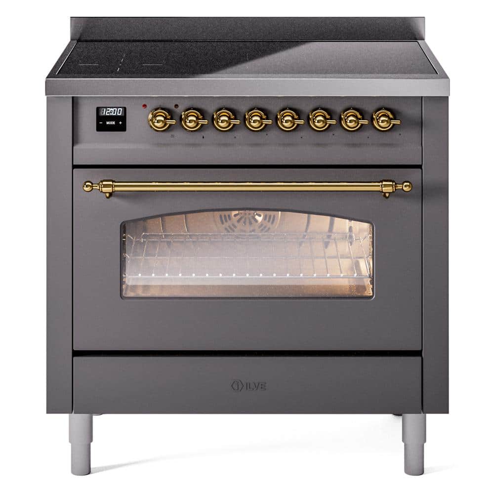 ILVE Nostalgie II 36 in. 6 Element Induction Range in Graphite Matte with Brass Trim
