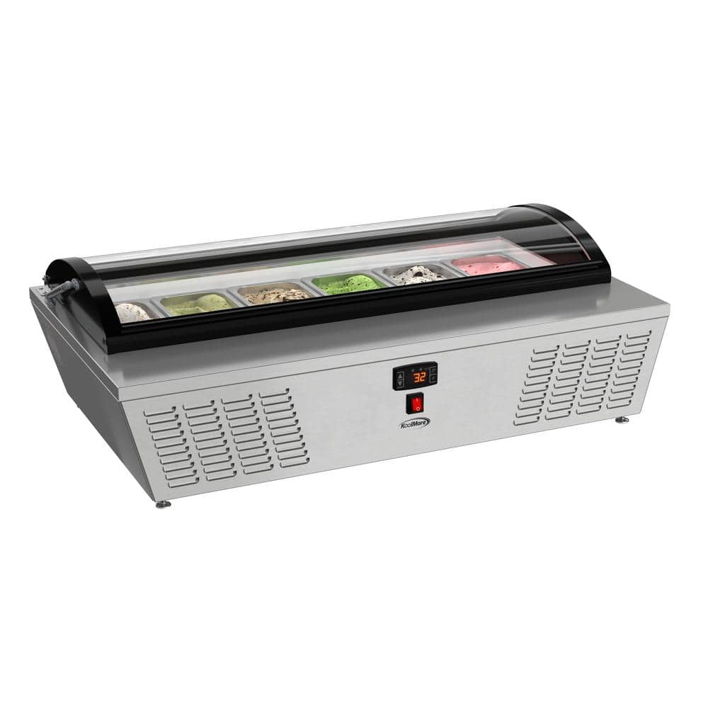 Koolmore 45 in. 3.53 cu. ft. Countertop Ice Cream Display Auto Defrost Freezer with Curved Glass Top, 6 Pans in Stainless-Steel