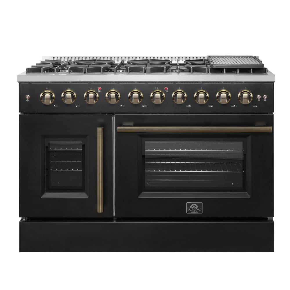 Forno Galiano 48 in. Gas Range Black, 8-Burners, 107,000 BTU, Griddle, 6.58 cu. ft. Double Ovens