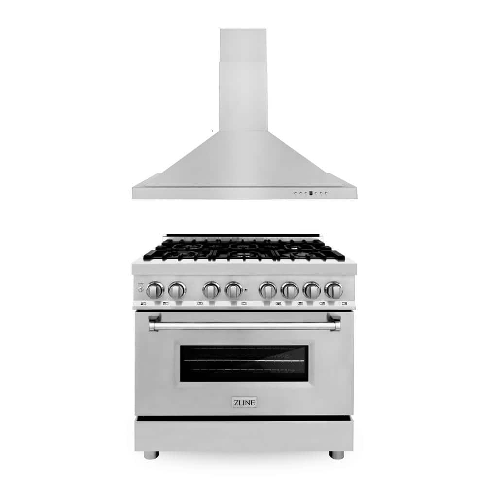 ZLINE Kitchen and Bath Stainless Steel Package with 36 in. 6-Burner Dual Fuel Range and 400 CFM Convertible Wall Mount Range Hood