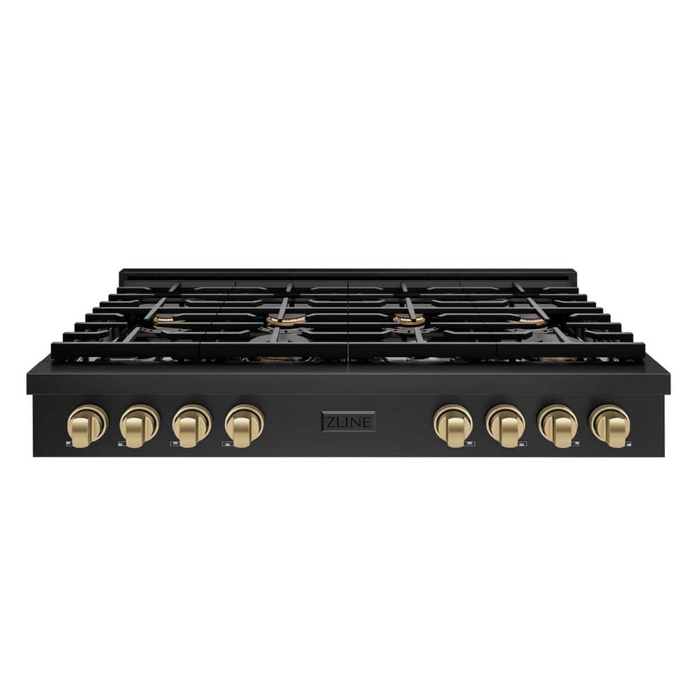 ZLINE Kitchen and Bath Autograph Edition Paramount 48 in. 8-Burner Porcelain Cooktop in Black Stainless Steel with Champagne Bronze Accents