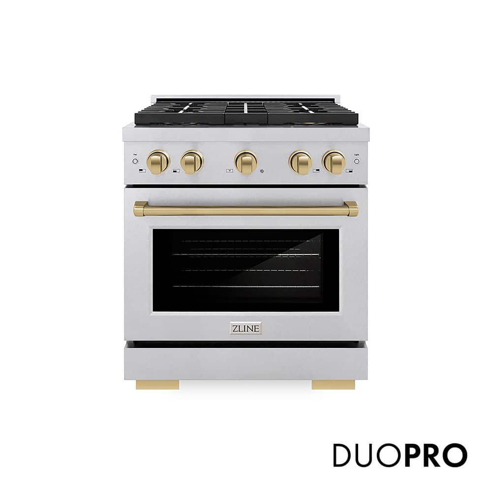 ZLINE Kitchen and Bath Autograph 30 in. 4.2 cu. ft. Paramount Dual Fuel Range with 4 Burner Cooktop and Electric Oven in Satin and Champagne