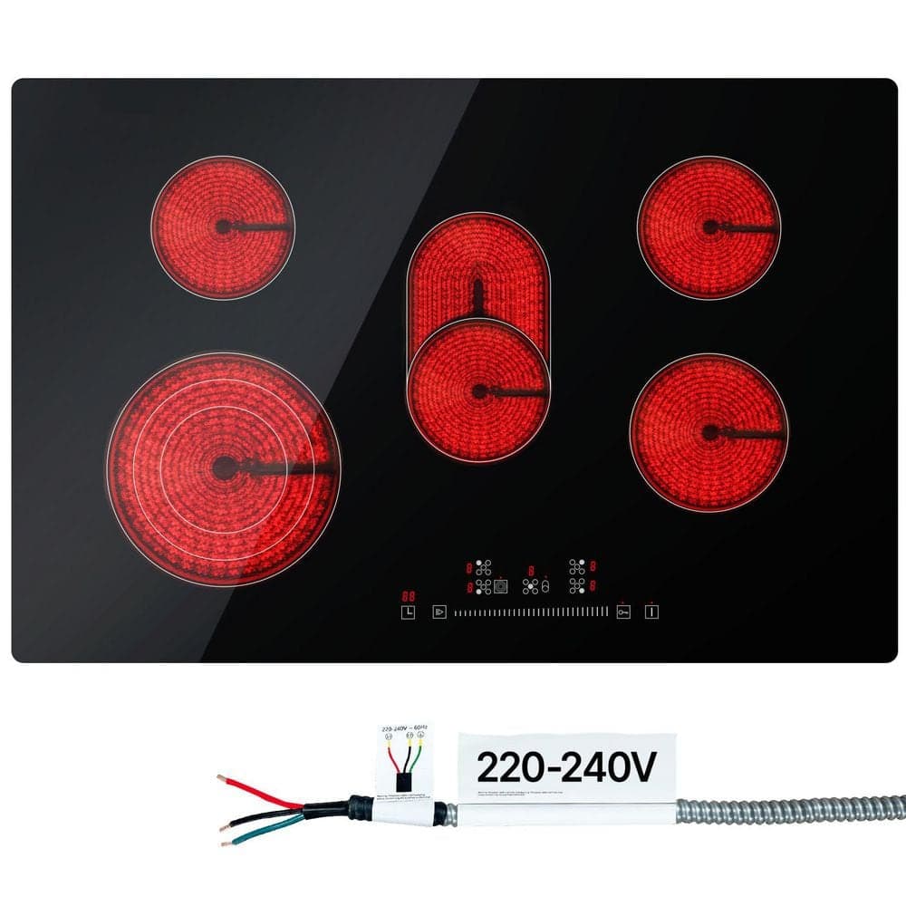 SKYSHALO Built in Electric Stove Top 30.3 x 20.5 in. 5 Burners 240V Glass Radiant Cooktop with Touch Control Black 2025 Upgrade