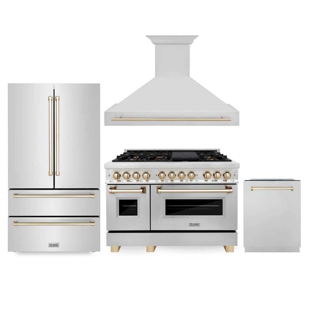 ZLINE Kitchen and Bath 48 in. 7-Burner Kitchen Package with Dual Fuel Range, Range Hood Dishwasher and Refrigeration with Polished Gold Accents