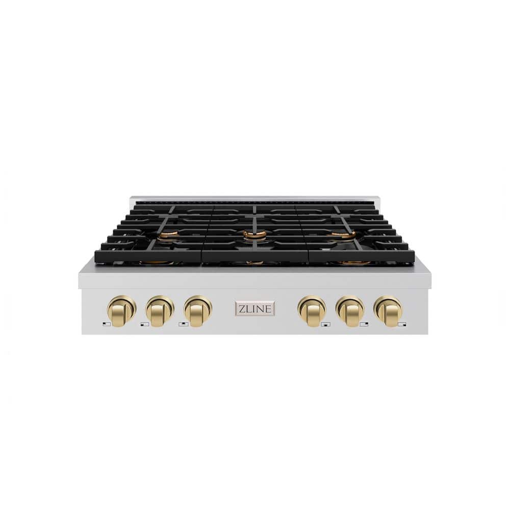 ZLINE Kitchen and Bath Autograph Edition Paramount 36 in. 6-Burner Porcelain Cooktop in Stainless Steel with Champagne Bronze Accents