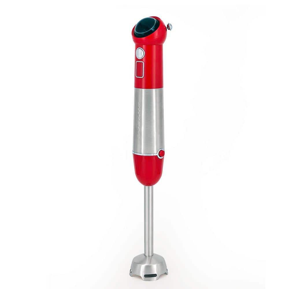 OVENTE Immersion Blender Red Stainless Steel Blades Rechargeable 300W Hand Mixer 2-Speed Pulse Activating Sensor