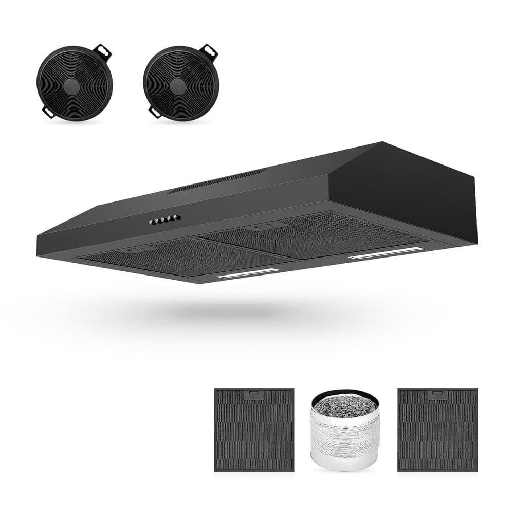 Tylza 29.5 in 600 CFM Convertible Ducted Under Cabinet Range Hood in Black with 2-Charcoal Filter and Aluminum Flexible Duct