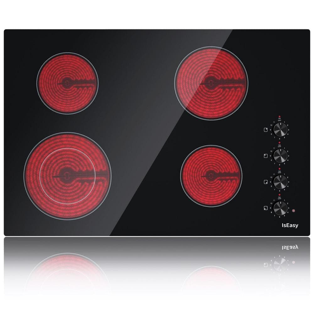 IsEasy 30 in. 4 Elements Ceramic Glass Surface Radiant Electric Cooktop in Black with Knobs and Dual Element