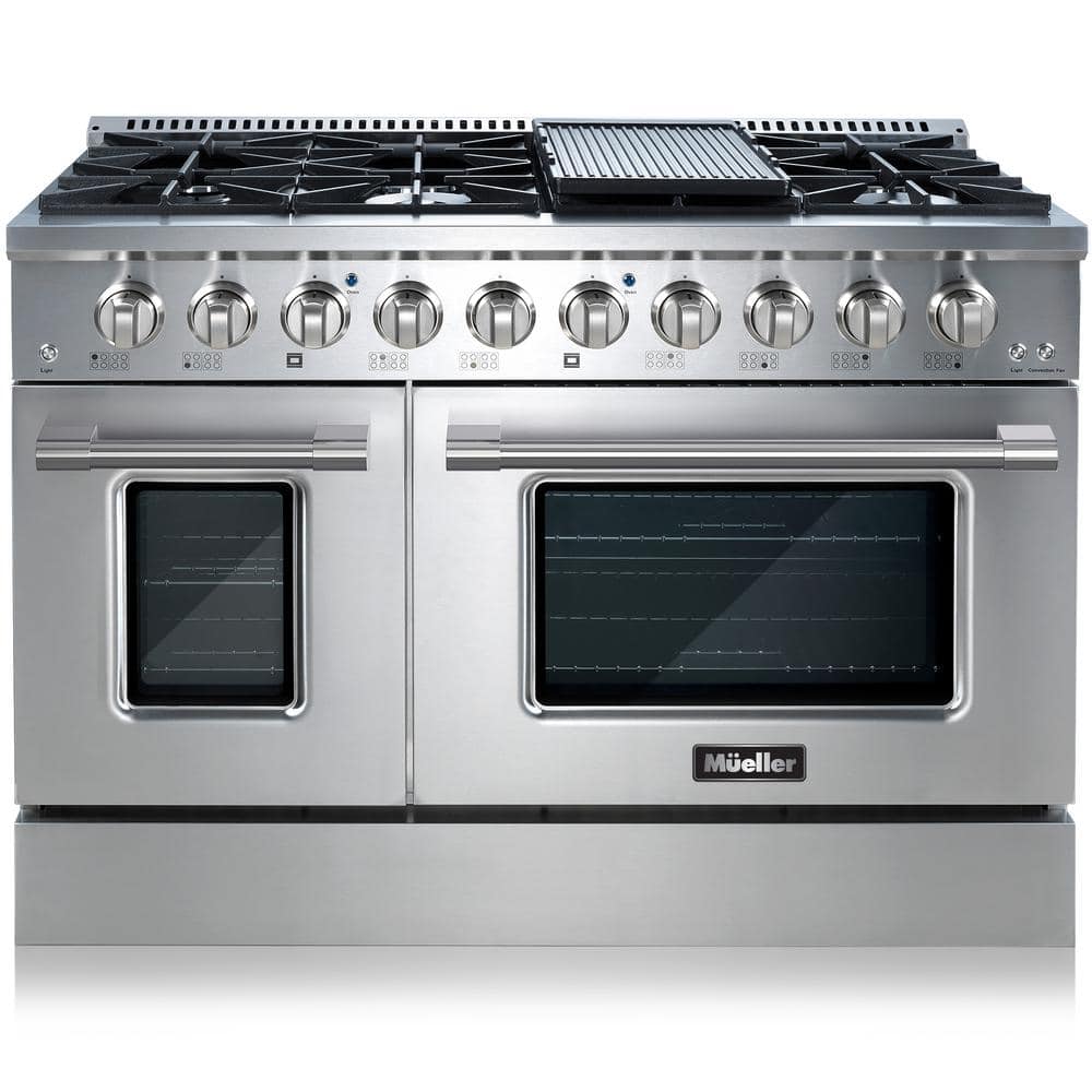 MUELLER 48 in. 6.7 cu. ft. Professional Freestanding Gas Range with 8 Burners, Griddle and Double Oven in Stainless Steel
