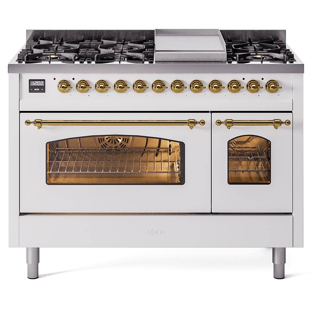 ILVE Nostalgie II 48 in. Dual Fuel Natural Gas Range with 8 Burners, Griddle, Brass Trim in White