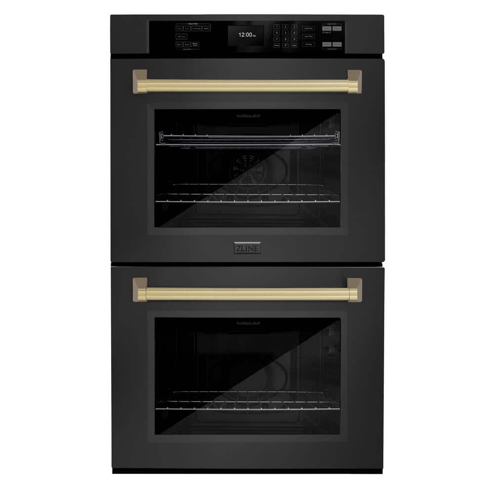 ZLINE Kitchen and Bath Autograph Edition 30 in. Double Electric Wall Oven with True Convection in Black Stainless with Champagne Bronze Handles