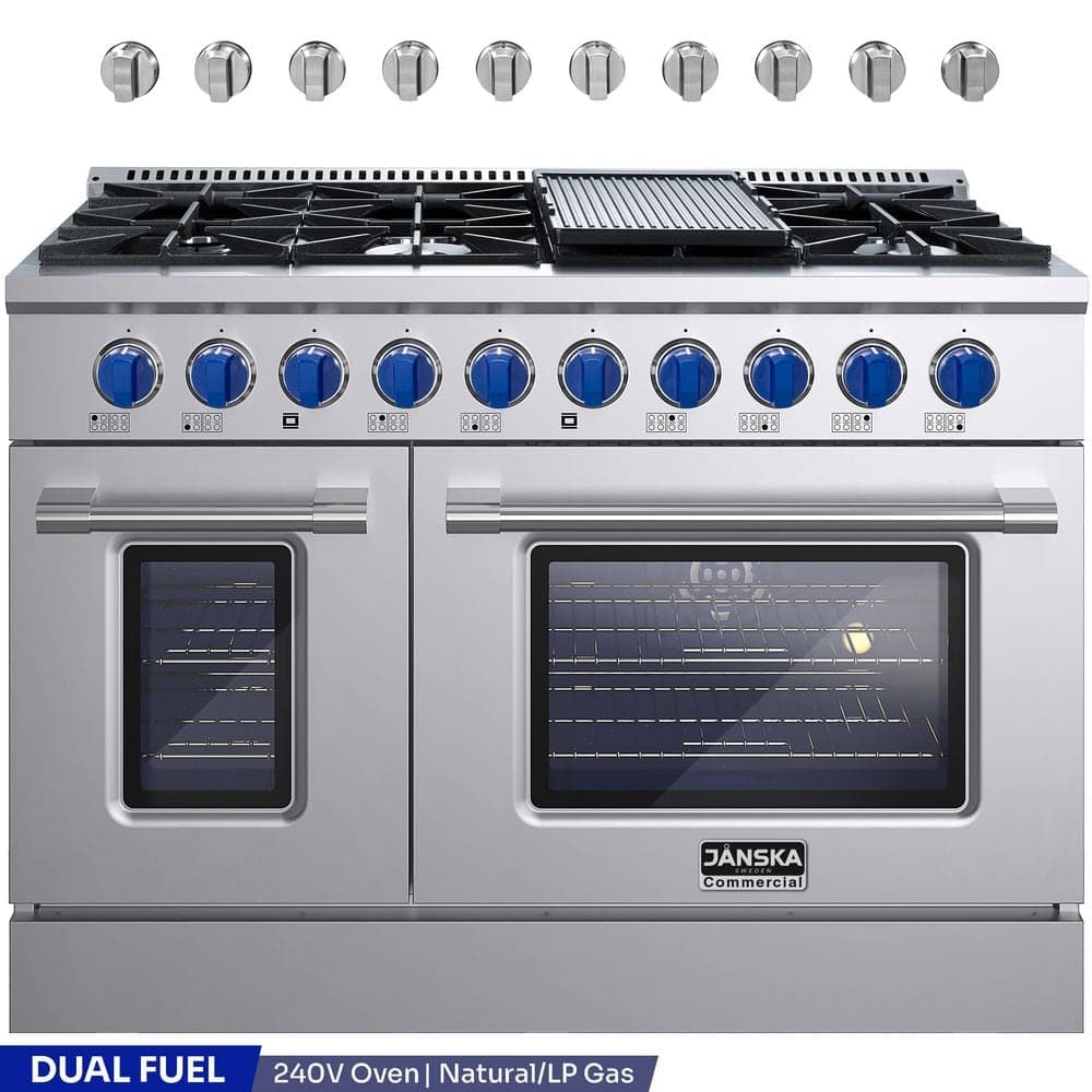 JANSKA 48 in. 6.7 Cu. Ft. Professional Freestanding Dual Fuel Range with 8 Burners, Griddle and Double Oven in Stainless Steel