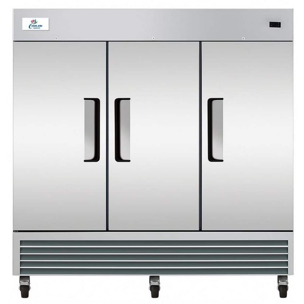 Cooler Depot 81 in. W 72 cu. ft. NSF Auto / Cycle Defrost 3-Door Commercial Upright Reach-In Freezer in Stainless Steel