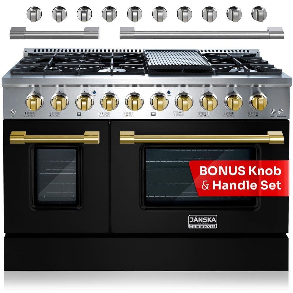 JANSKA Professional Series 48 in., 8-Burners, Freestanding, 6.7 cu. ft. Double Oven Gas Range with Griddle in Matte Black