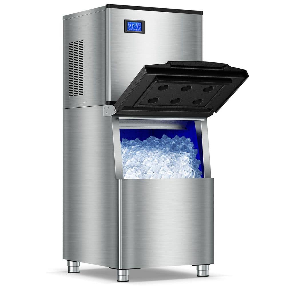 Hooure 26.4 in. Commercial Ice Maker 500 lbs./24 H Freestanding Stainless Steel Ice Maker Full Size Cubes with 360 lbs. Storage