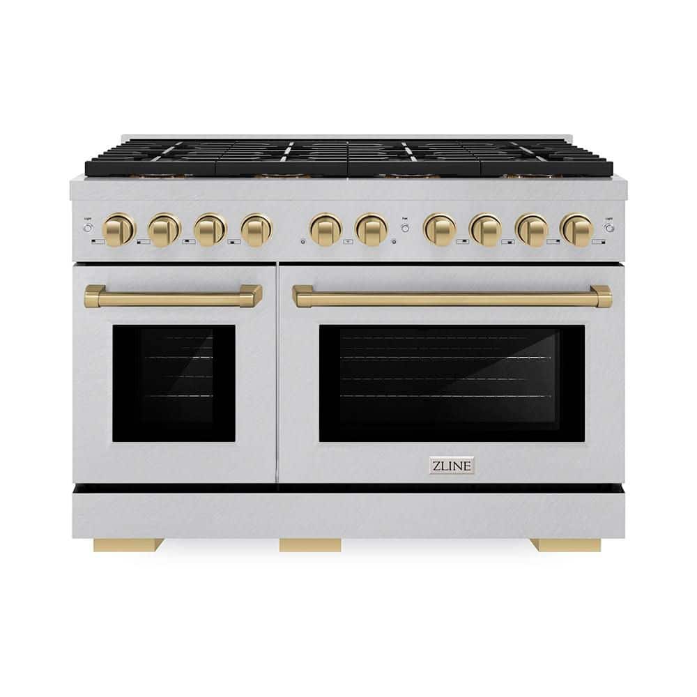 ZLINE Kitchen and Bath Autograph 48 in. 6.7 cu. ft. Paramount Gas Range with 8-Burner Cooktop and Dual Oven in Satin and Champagne Bronze