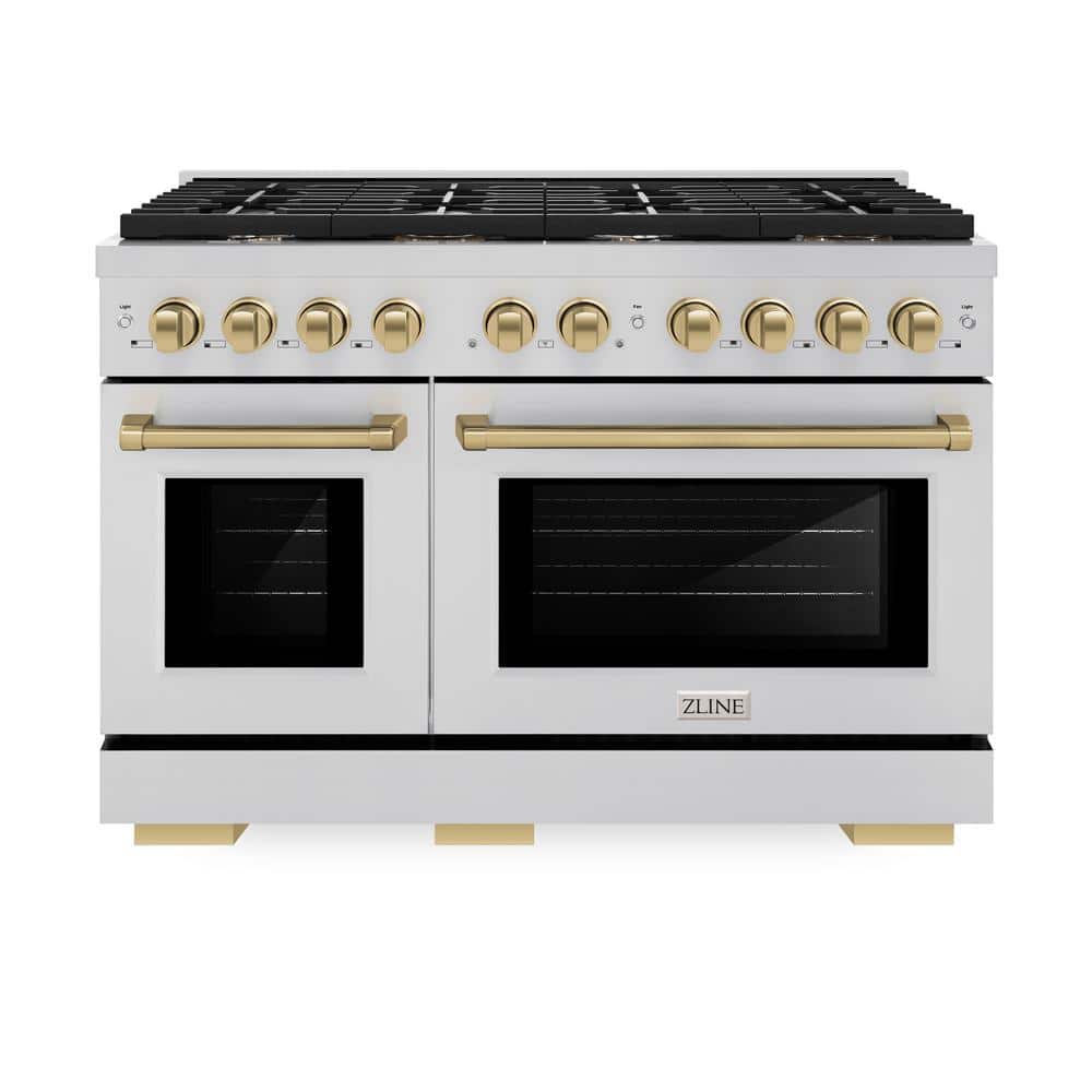 ZLINE Kitchen and Bath Autograph Edition 48 in. 8 Burner Freestanding Gas Range & Double Convection Oven in Stainless Steel & Champagne Bronze