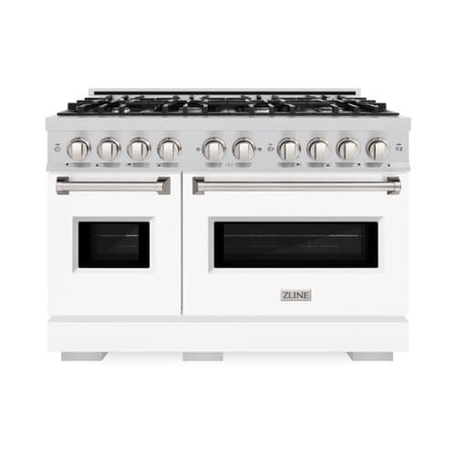 ZLINE - 48" Classic Double Oven Gas Range with 8 Burner Cooktop (CGR-WM-48) - Satin Steel/White Matte