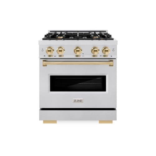 ZLINE - Autograph 30 in. Classic Satin Steel Gas Range w/ 4 Burners & Gold Accents (CGRSZ-30-G) - Stainless Steel
