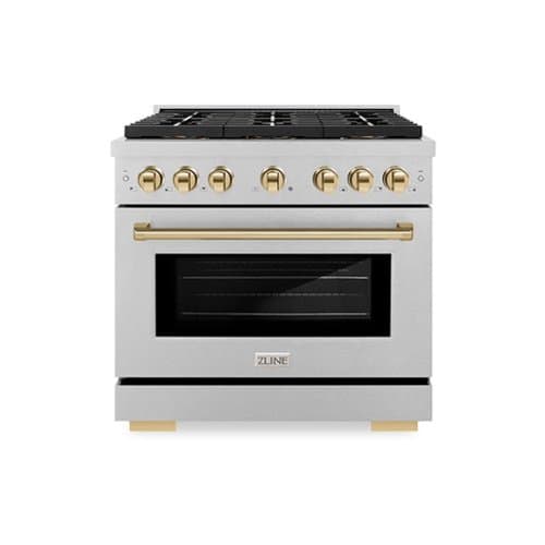ZLINE - Autograph 36 in. 5.2 cu. ft. Freestanding Paramount Gas DuoPro Range in Satin Steel and Polished Gold Accents - Stainless Steel