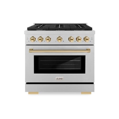 ZLINE - Autograph 36 in. Paramount Dual Fuel Satin Steel Range w/ 6 Burners & Gold Accents (SDRSZ-36-G) - Stainless Steel