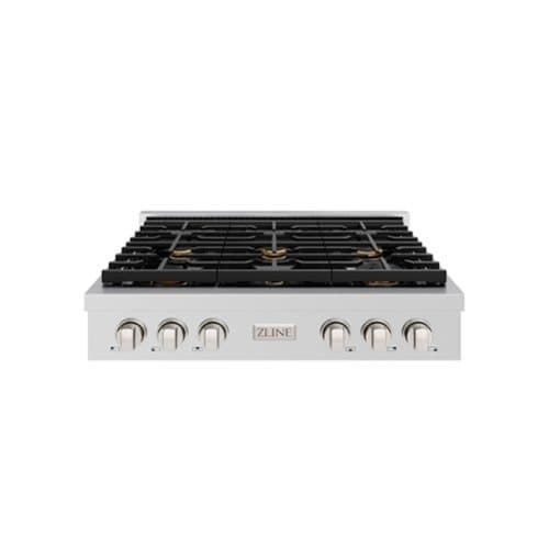 ZLINE - 36 in. Paramount Gas Rangetop with 6 Brass Burners and Porcelain Cooktop (SRT-BR-36) - Stainless Steel