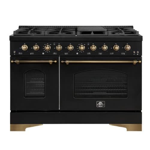 Forno Appliances - Antico 5.5 Cu. Ft. Freestanding Double Oven Dual Fuel Convection Range with Antique Brass Accents - Black