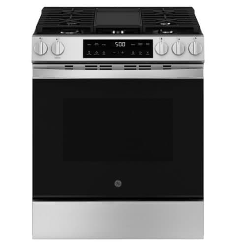 GE - 5.3 Cu. Ft. Slide In Gas Range with Steam Cleaning and Crisp Mode - Stainless Steel