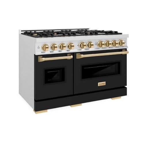 ZLINE - Autograph 48" 6.7 cu. ft. Freestanding Classic Dual Fuel Satin Steel Range w/ Black & Gold Accents - Black Matte