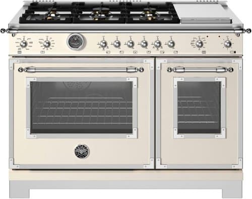 Bertazzoni - 48" Heritage Series range - Dual Fuel self clean oven - 6 brass burners + griddle - Ivory