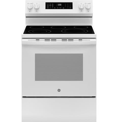GE - 5.3 Cu. Ft. Freestanding Electric Convection Range with Steam Cleaning and EasyWash Tray - White