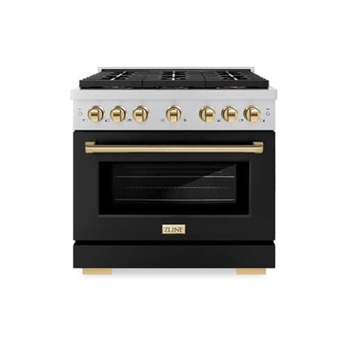 ZLINE - Autograph 36 in. Paramount Gas Range with 6 DuoPro Burners w/ Black Door & Gold Accents (PSGRZ-BLM-36-G) - Stainless Steel with Black Matte Door