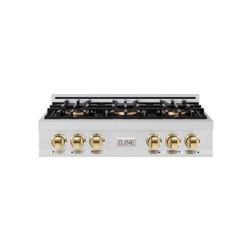 ZLINE - Autograph 36 in. Classic Rangetop with 6 DuoPro Burners and Gold Accents (PCRTZ-36-G) - Stainless Steel