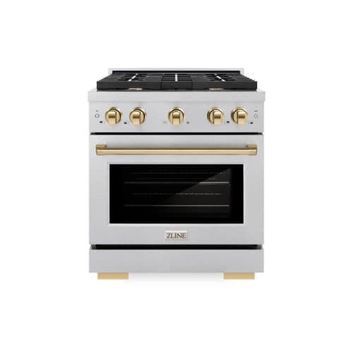 ZLINE - Autograph 30 in. Paramount Satin Steel Gas Range w/ 4 Burners & Gold Accents (SGRSZ-30-G) - Stainless Steel