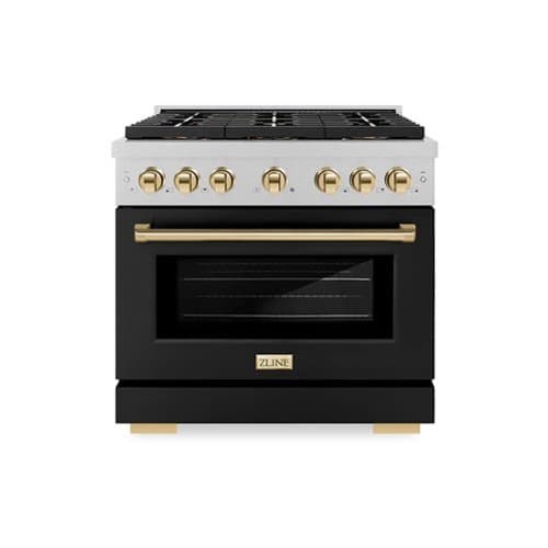 ZLINE - Autograph 36 in. 5.2 cu. ft. Freestanding Paramount Dual Fuel DuoPro Range in Satin Steel w/ Black & Gold Accents - Black Matte