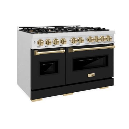 ZLINE - Autograph 48 in. 6.7 cu. ft. Freestanding Classic Satin Steel Gas Range w/ Black Doors & Bronze Accents - Black Matte