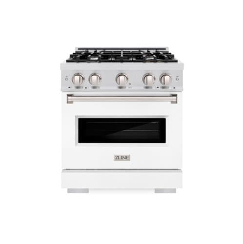 ZLINE - 30 in. Classic Satin Steel Gas Range with 4 Burners and Convection Oven (CGRS-WM-30) - Stain Steel/White Matte