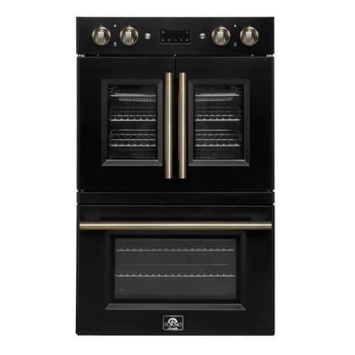 Forno Appliances - Asti 7.36 Cu. Ft. Electric Double Wall Oven with Upper French Doors and Antique Brass Accents - Black